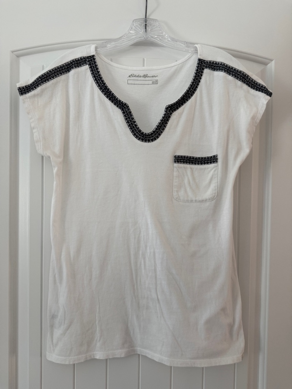 Eddie Bauer White Tee with Navy Trim Accents